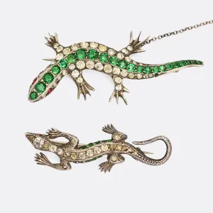 Pair of Green & White Paste Salamander Brooches