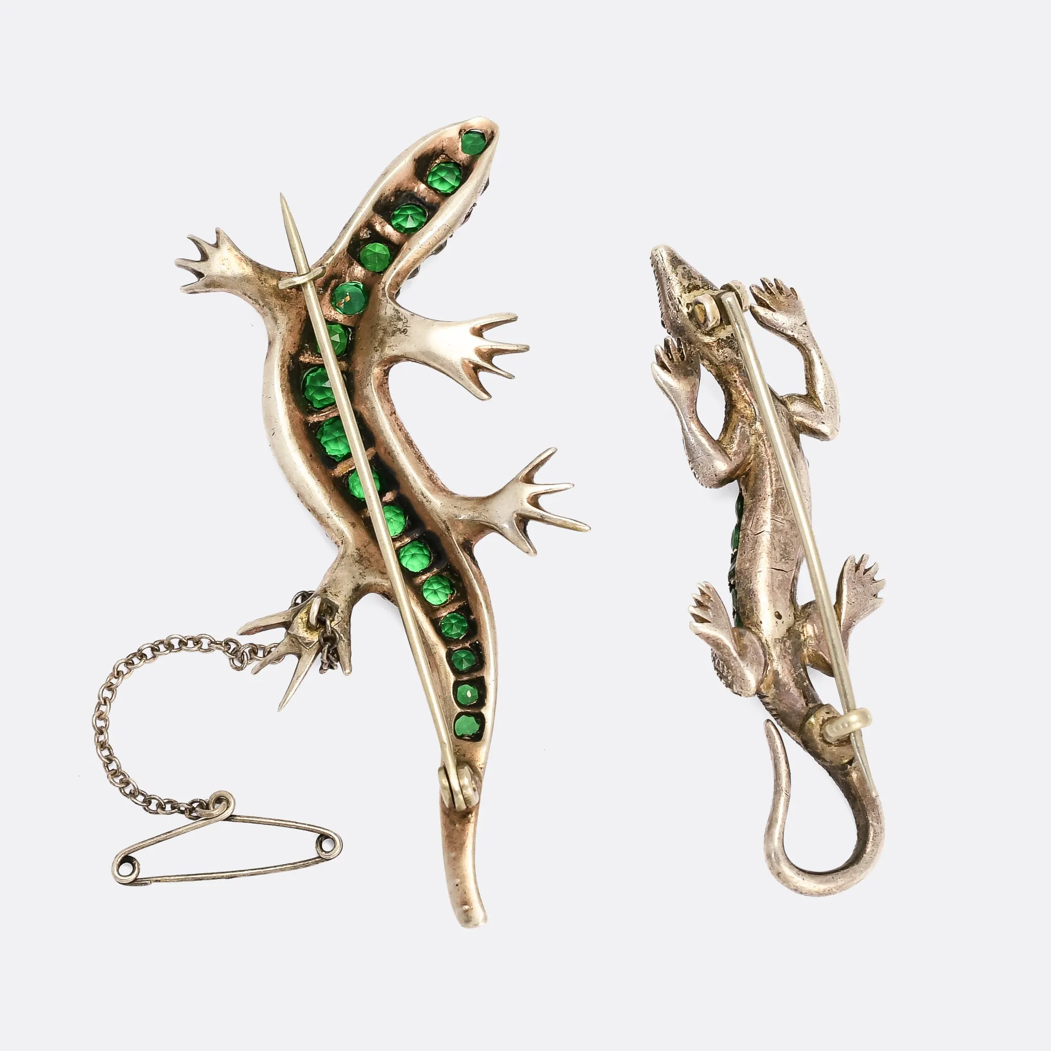 Pair of Green & White Paste Salamander Brooches