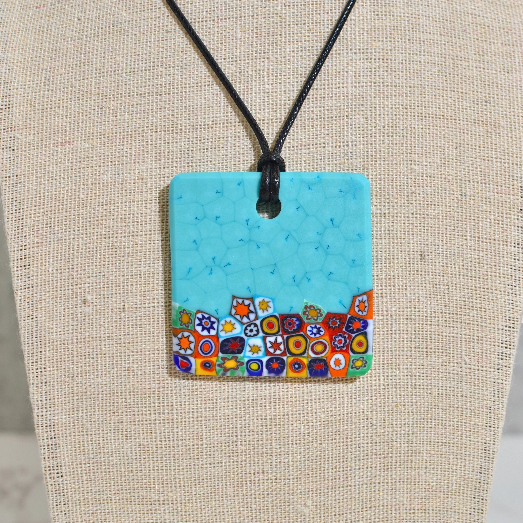 Piastra Millefiori Aqua Glass Pendant Necklace, Made in Italy