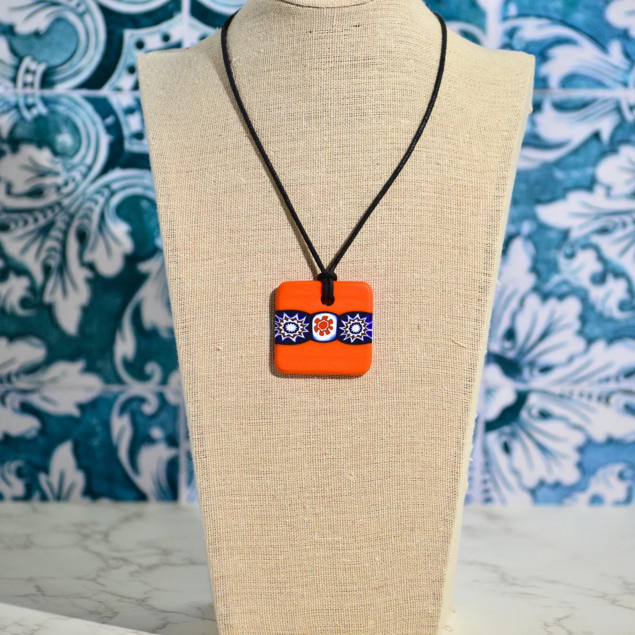 Piastra Millefiori Orange Glass Pendant Necklace, Made in Italy