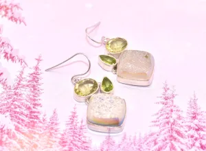 Quartz Druzy and Peridot Earrings