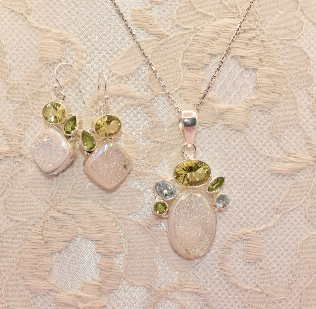 Quartz Druzy and Peridot Earrings