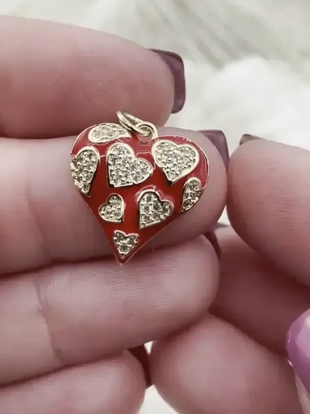 Red Enamel and Gold Heart Pendants with CZ, Gold Heart Charm, Red Enamel and Gold Plated Brass Pendants, Cubic Zirconia, Fast Ship.