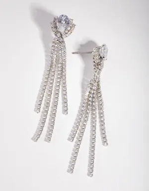 Rhodium Cubic Zirconia Cupchain Fringe Drop Earrings