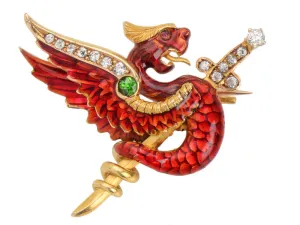 Riker Signed Red Enamel Dragon Griffin Brooch