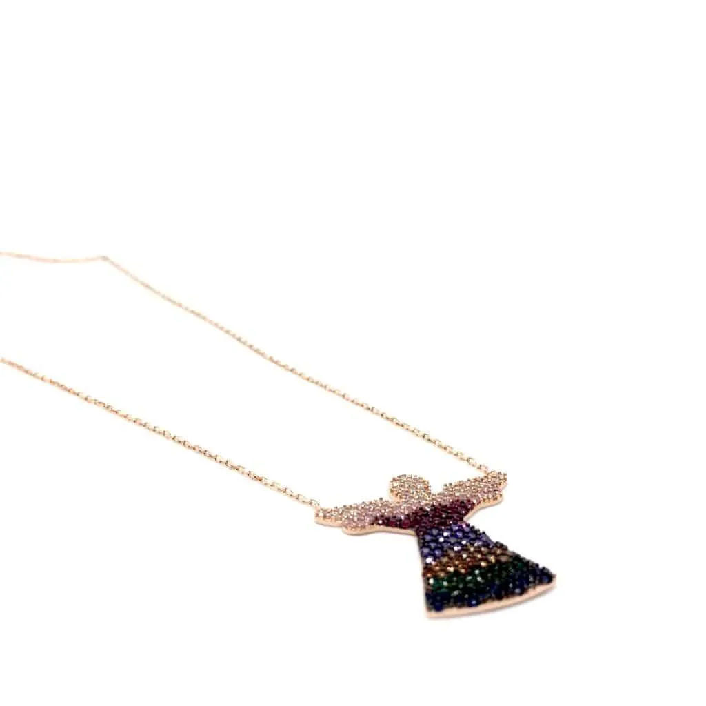 Rose Gold and Sterling Silver Angel Necklace with Colourful Crystals