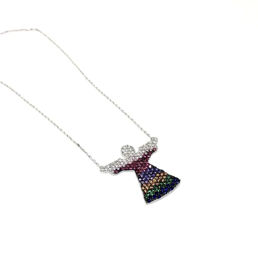 Rose Gold and Sterling Silver Angel Necklace with Colourful Crystals