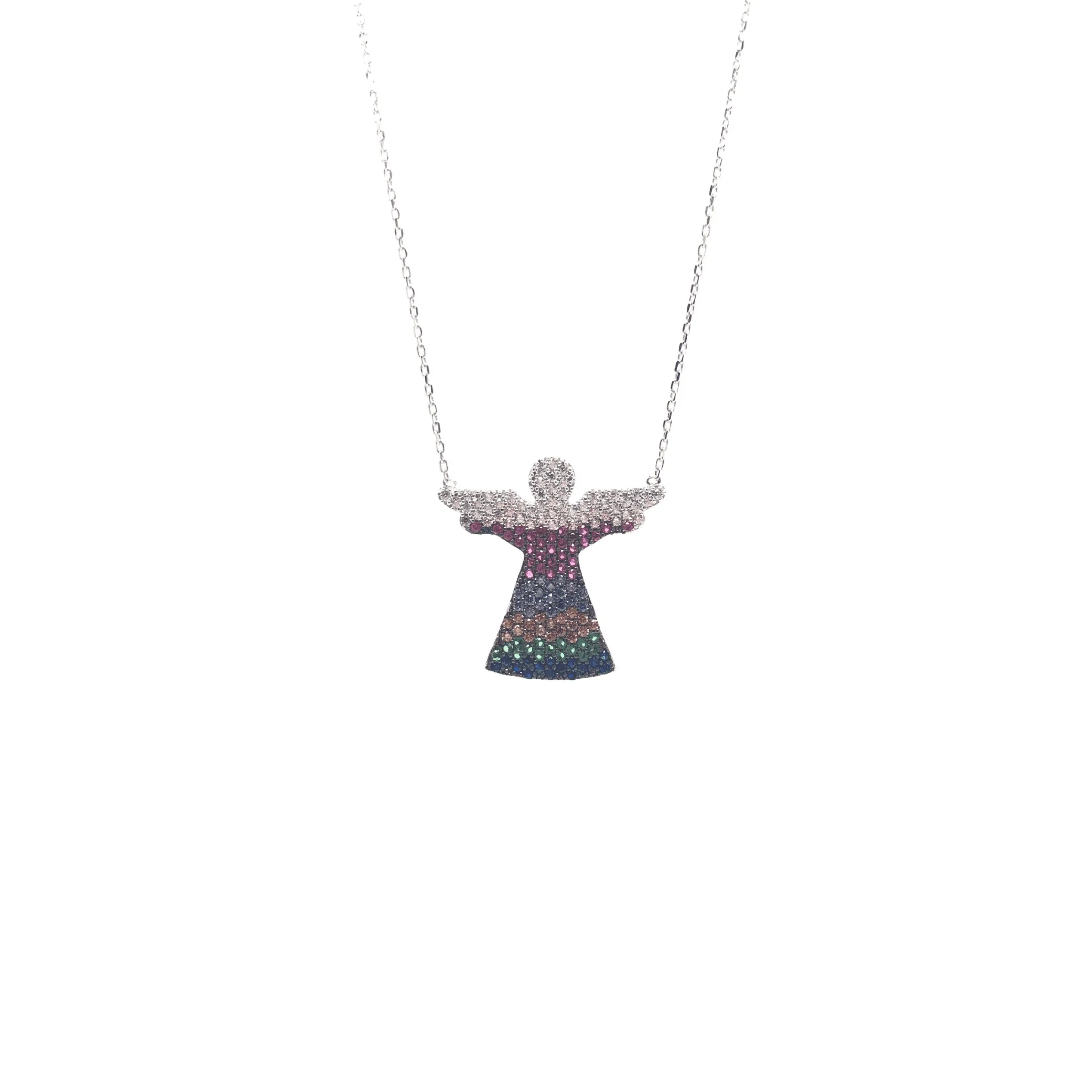 Rose Gold and Sterling Silver Angel Necklace with Colourful Crystals