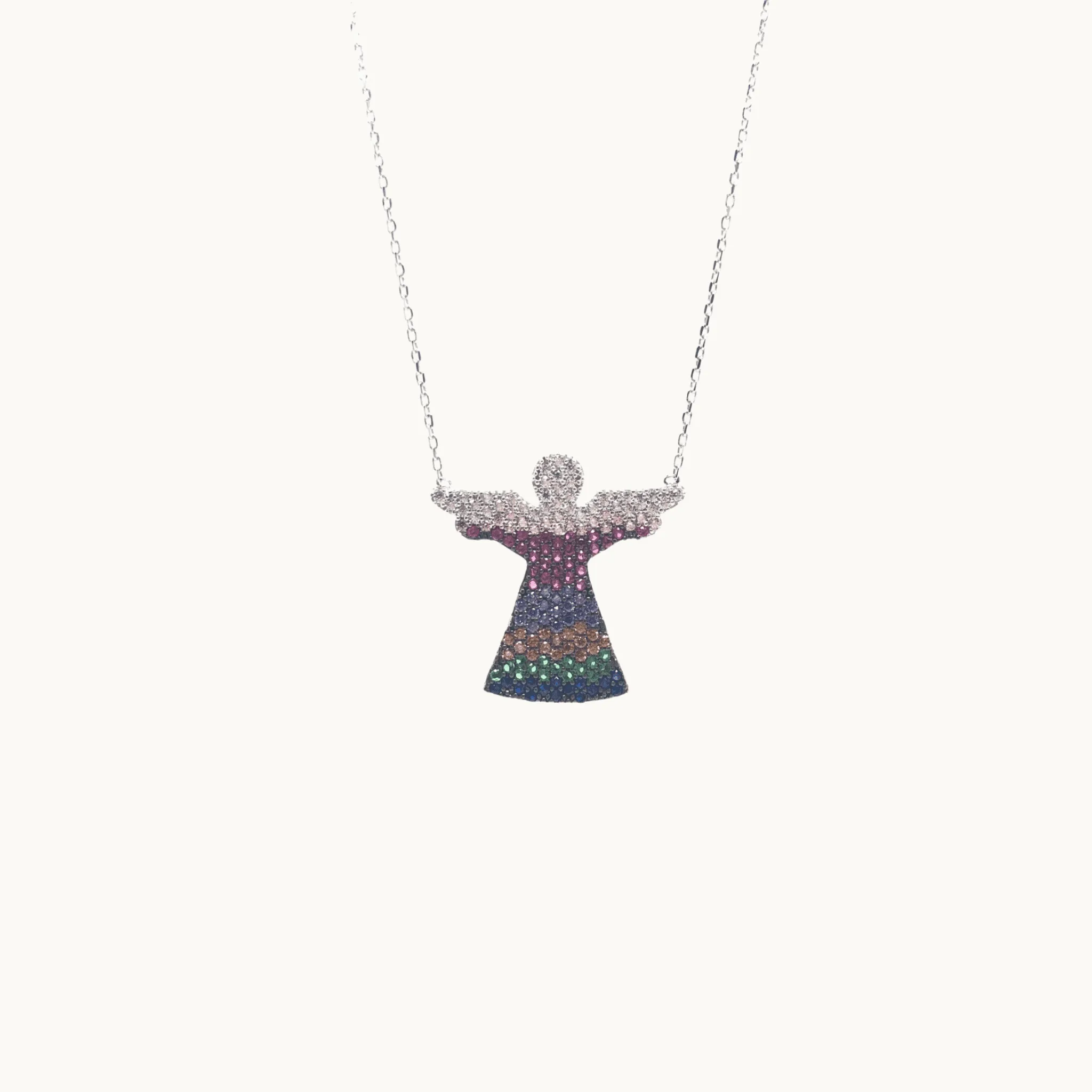 Rose Gold and Sterling Silver Angel Necklace with Colourful Crystals