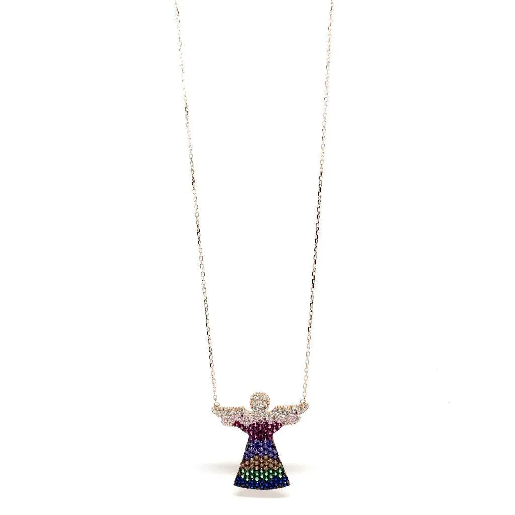 Rose Gold and Sterling Silver Angel Necklace with Colourful Crystals