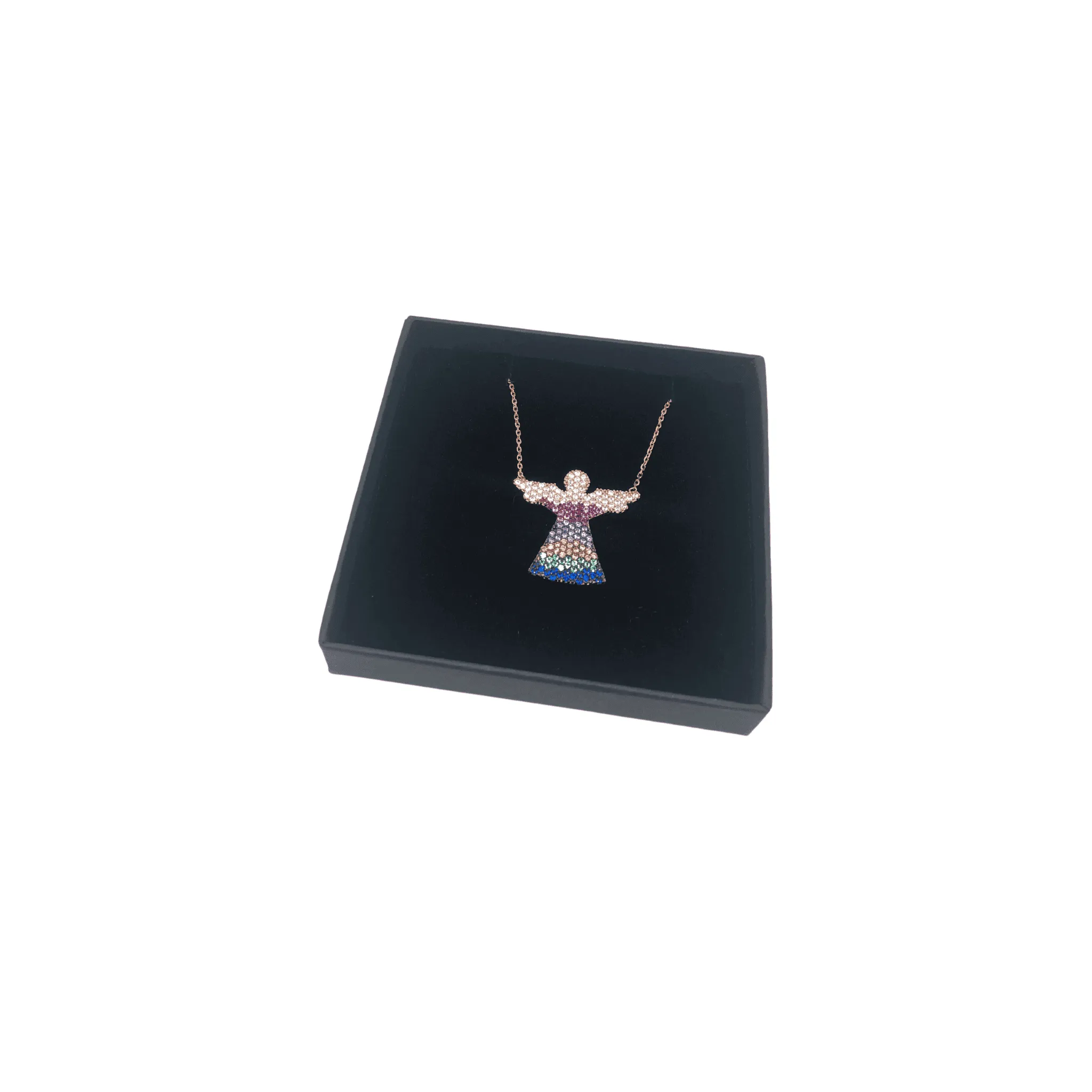 Rose Gold and Sterling Silver Angel Necklace with Colourful Crystals