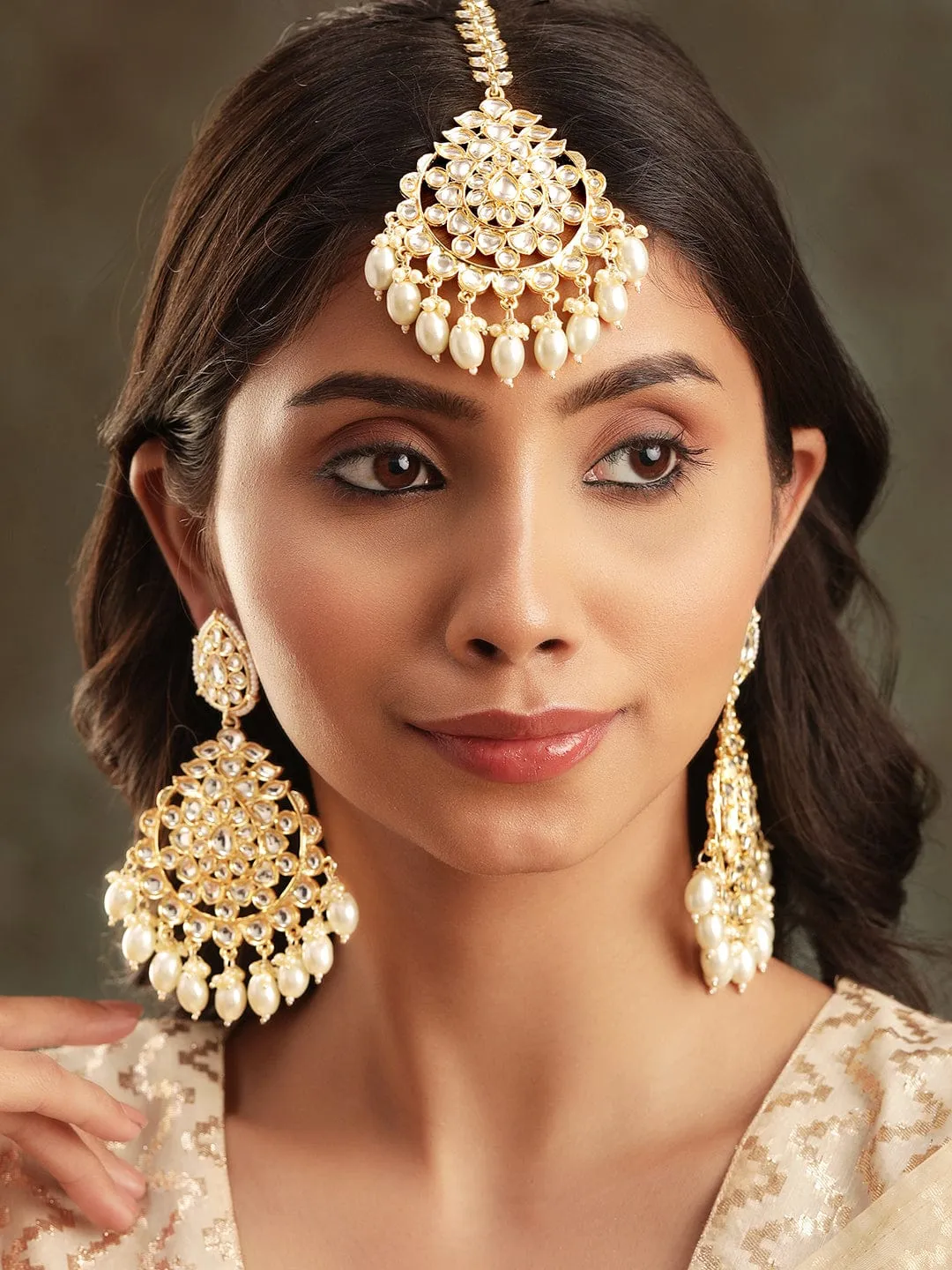 Rubans Opulent 22k Gold Plated Kundan Pearl Beaded Jewelry Set