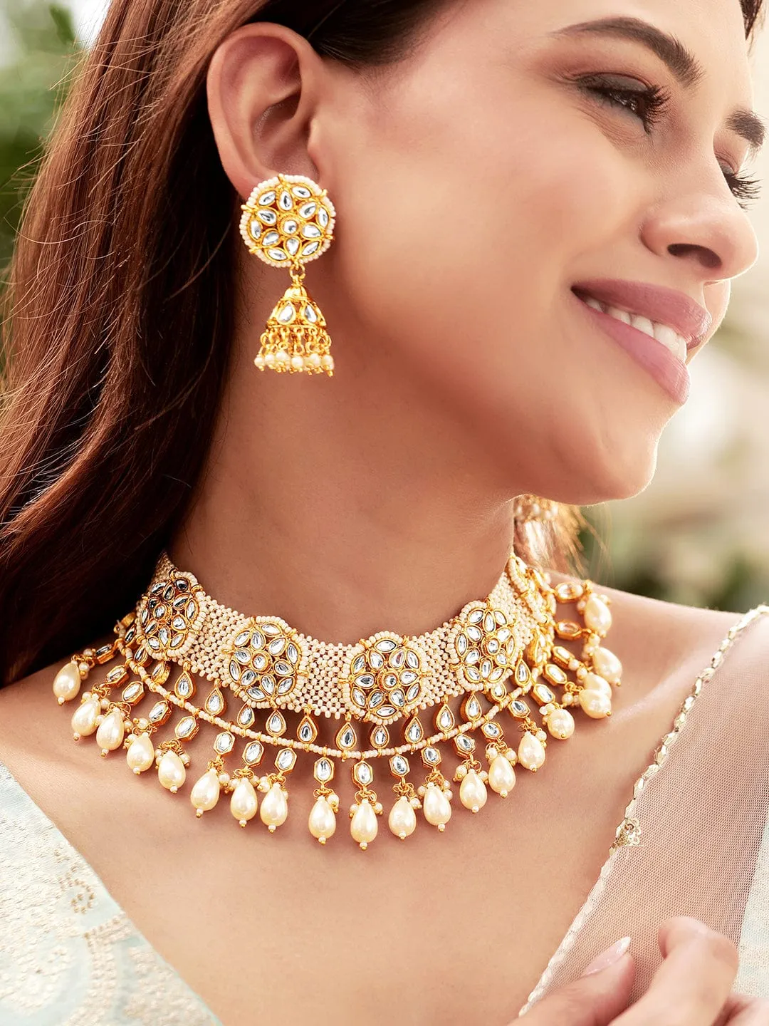 Rubans Opulent Reverie 22K Gold Plated Kundan and Pearl beaded Choker jewelry Set