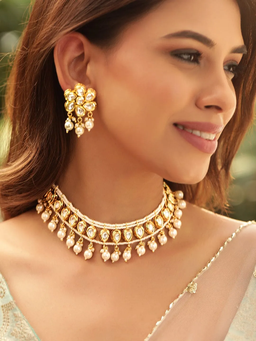 Rubans Radiant 22K Gold Plated Kundan and Pearl beaded Choker jewelry Set