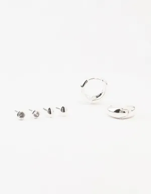 Silver Mixed Simple Stud & Hoop Earrings 3-Pack