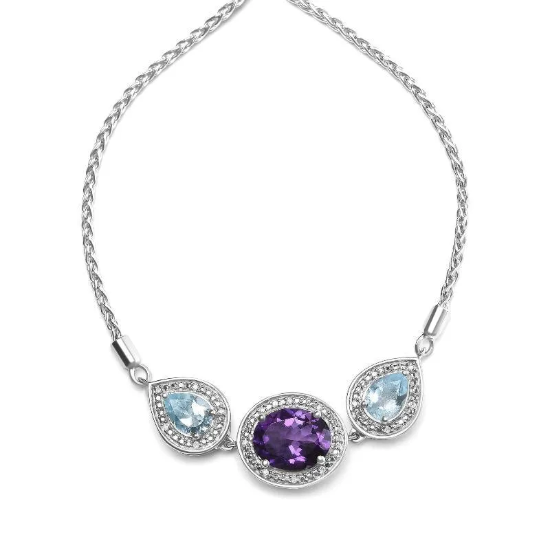 Silver Oval Amethyst and Pear Blue Topaz with Diamond