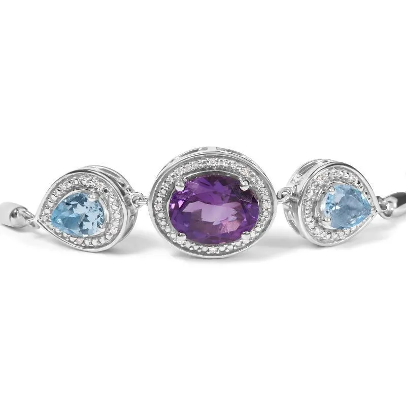 Silver Oval Amethyst and Pear Blue Topaz with Diamond