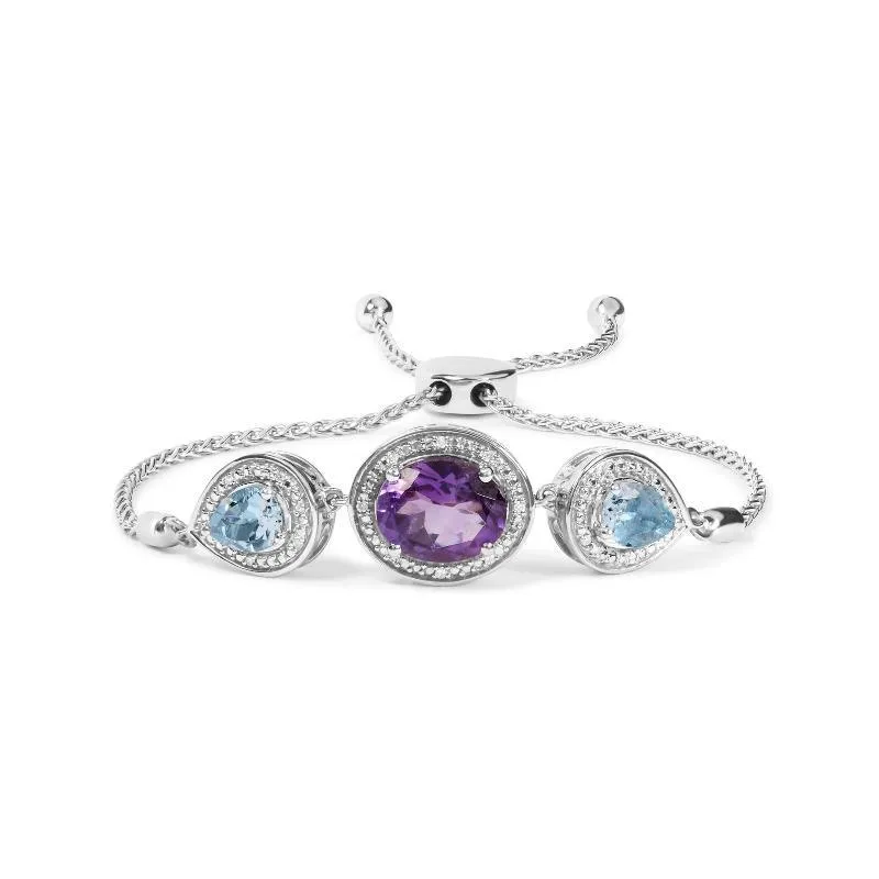 Silver Oval Amethyst and Pear Blue Topaz with Diamond