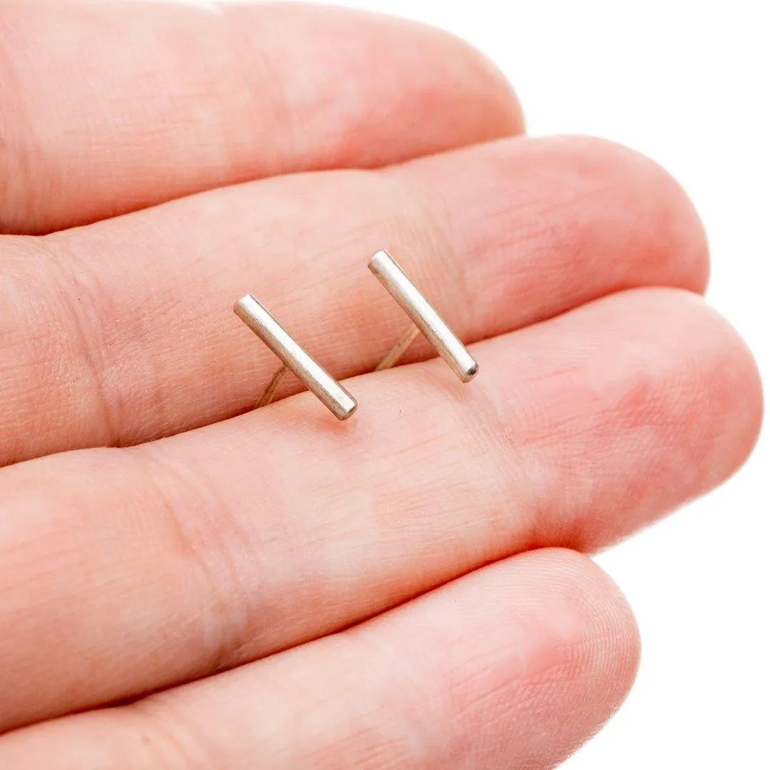 Simple Satin-brushed Sterling Silver Bar Studs Earrings, Ready to Ship