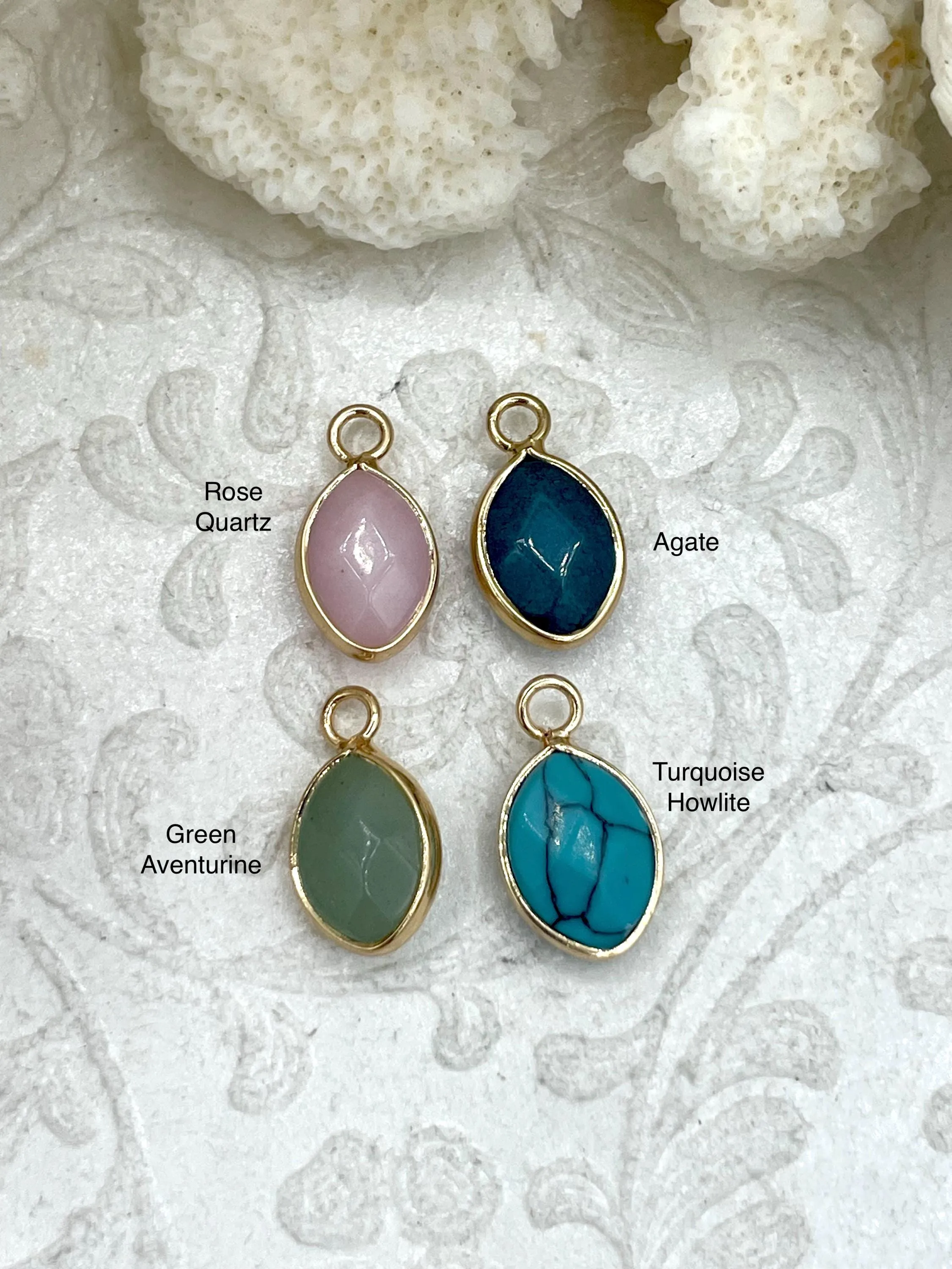 Small Marquise Shaped Natural Stone Pendants Gold Soldered, Natural Stone Pendants, will come in a variety of patterns, 4 colors, Fast Ship