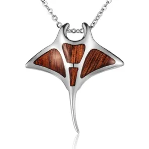 Sterling Silver Koa Wood Manta Ray Pendant18" Necklace