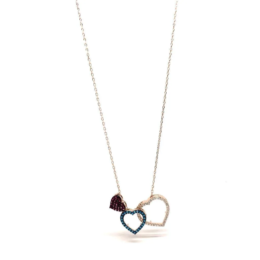 Sterling Silver Rose Gold Triple Heart Cubic Zirconia Pendant Necklace