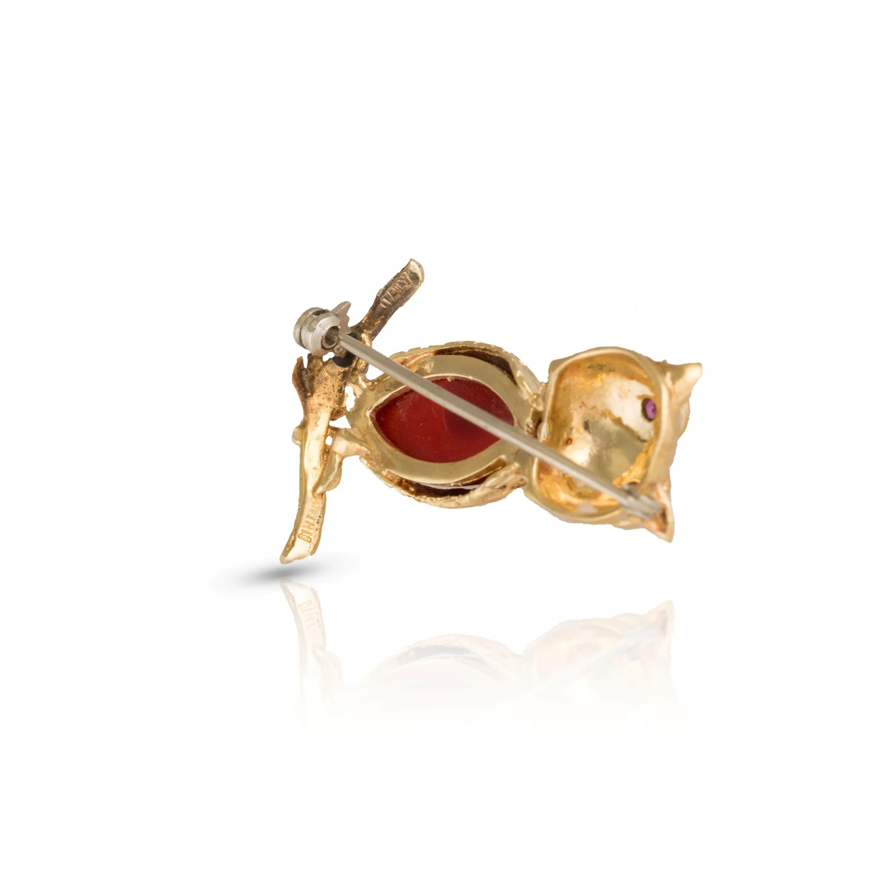 Vintage 18ct Gold Owl Brooch With Red Glass And Ruby