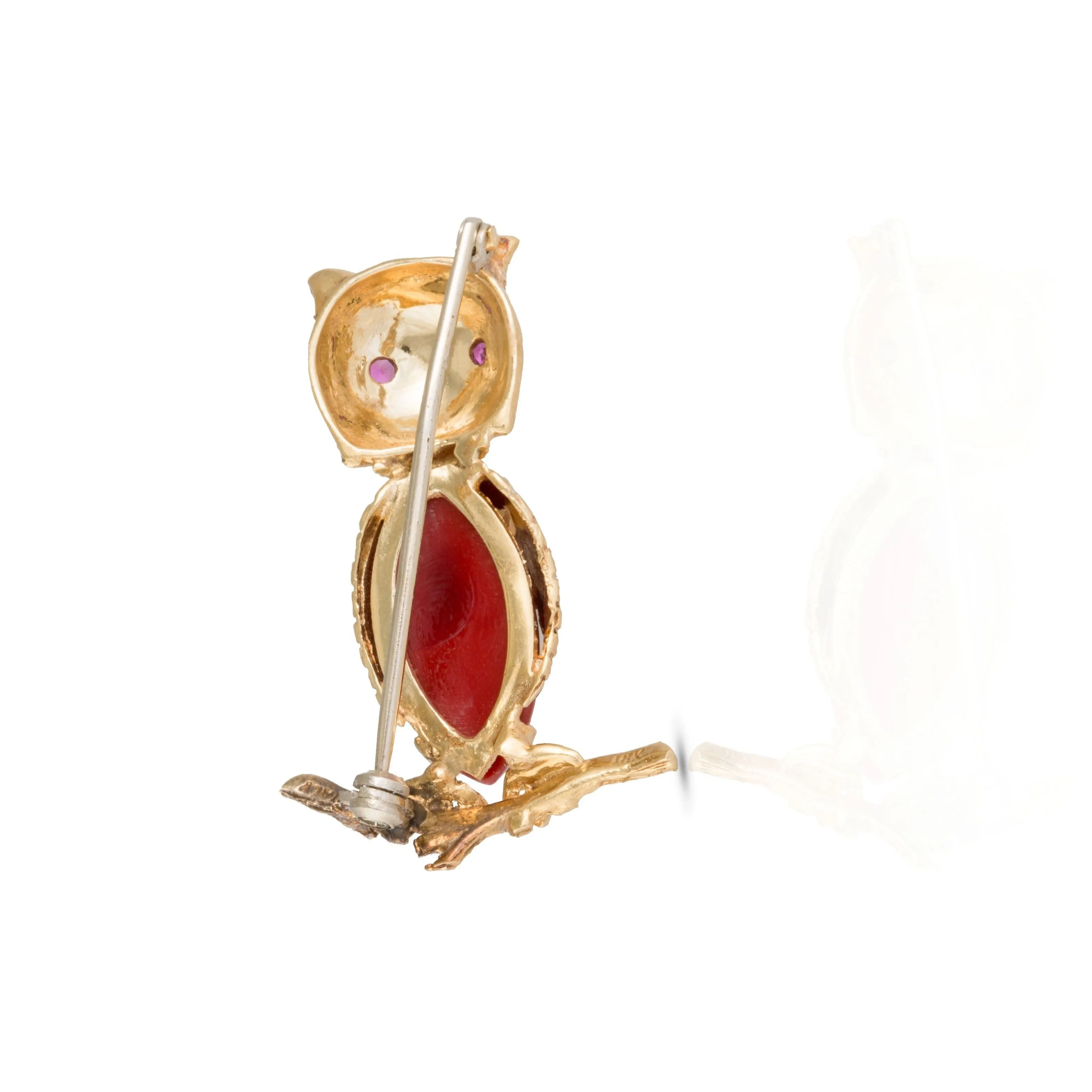 Vintage 18ct Gold Owl Brooch With Red Glass And Ruby