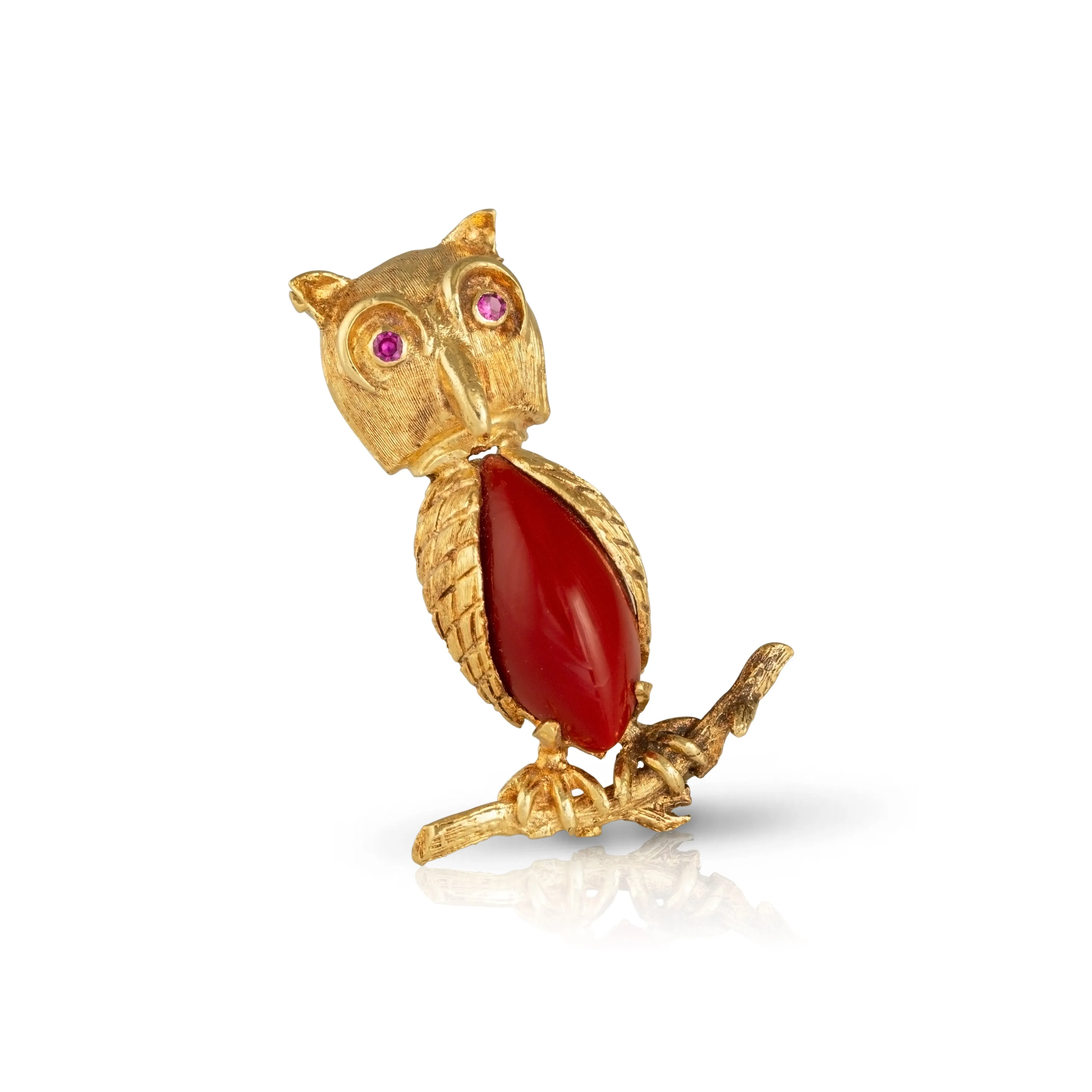 Vintage 18ct Gold Owl Brooch With Red Glass And Ruby