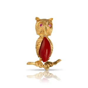 Vintage 18ct Gold Owl Brooch With Red Glass And Ruby