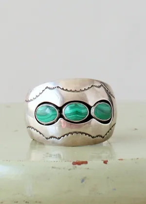 Vintage 1970s Sterling Silver and Malachite Signed Cuff Bracelet