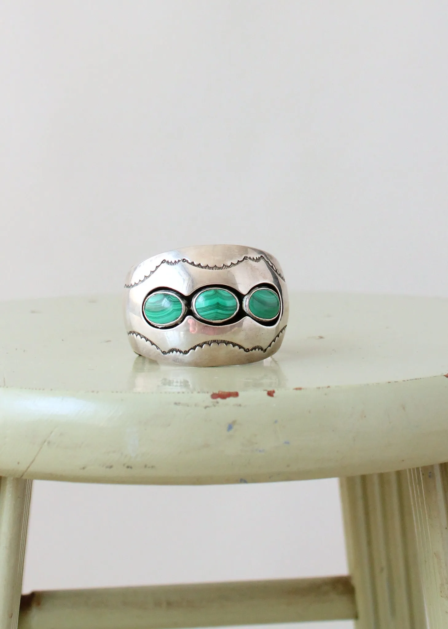 Vintage 1970s Sterling Silver and Malachite Signed Cuff Bracelet