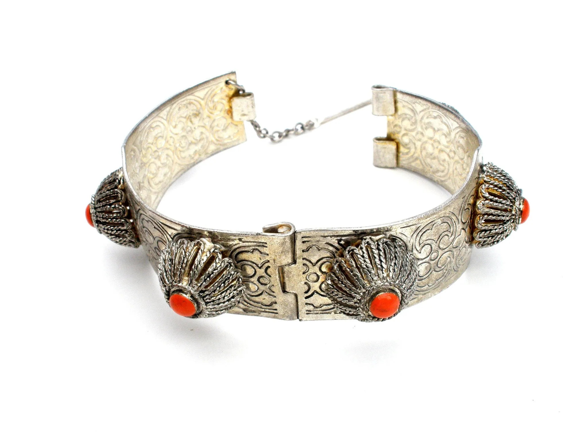 Vintage Tibetan Bangle Bracelet with Red Stone