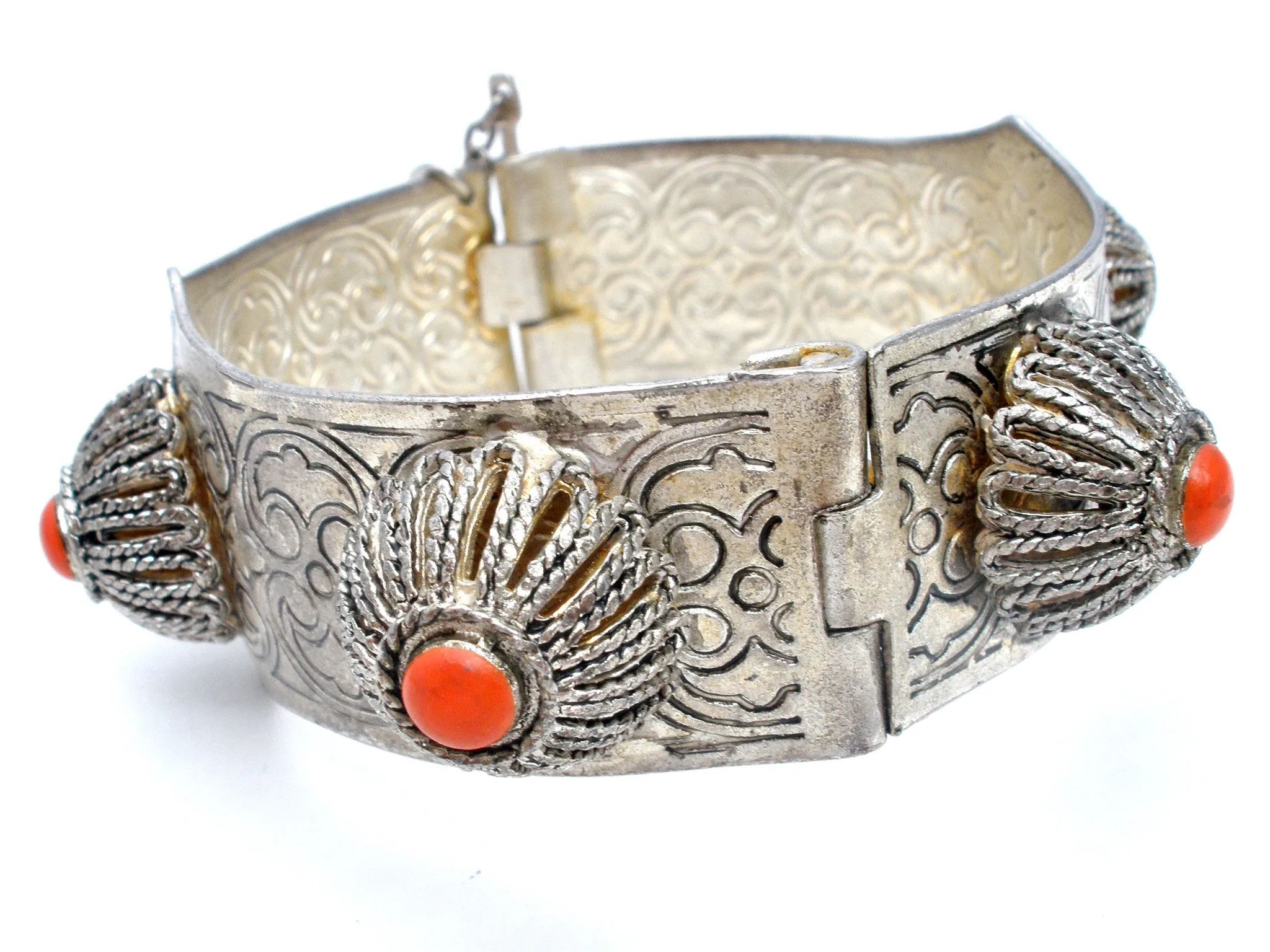 Vintage Tibetan Bangle Bracelet with Red Stone