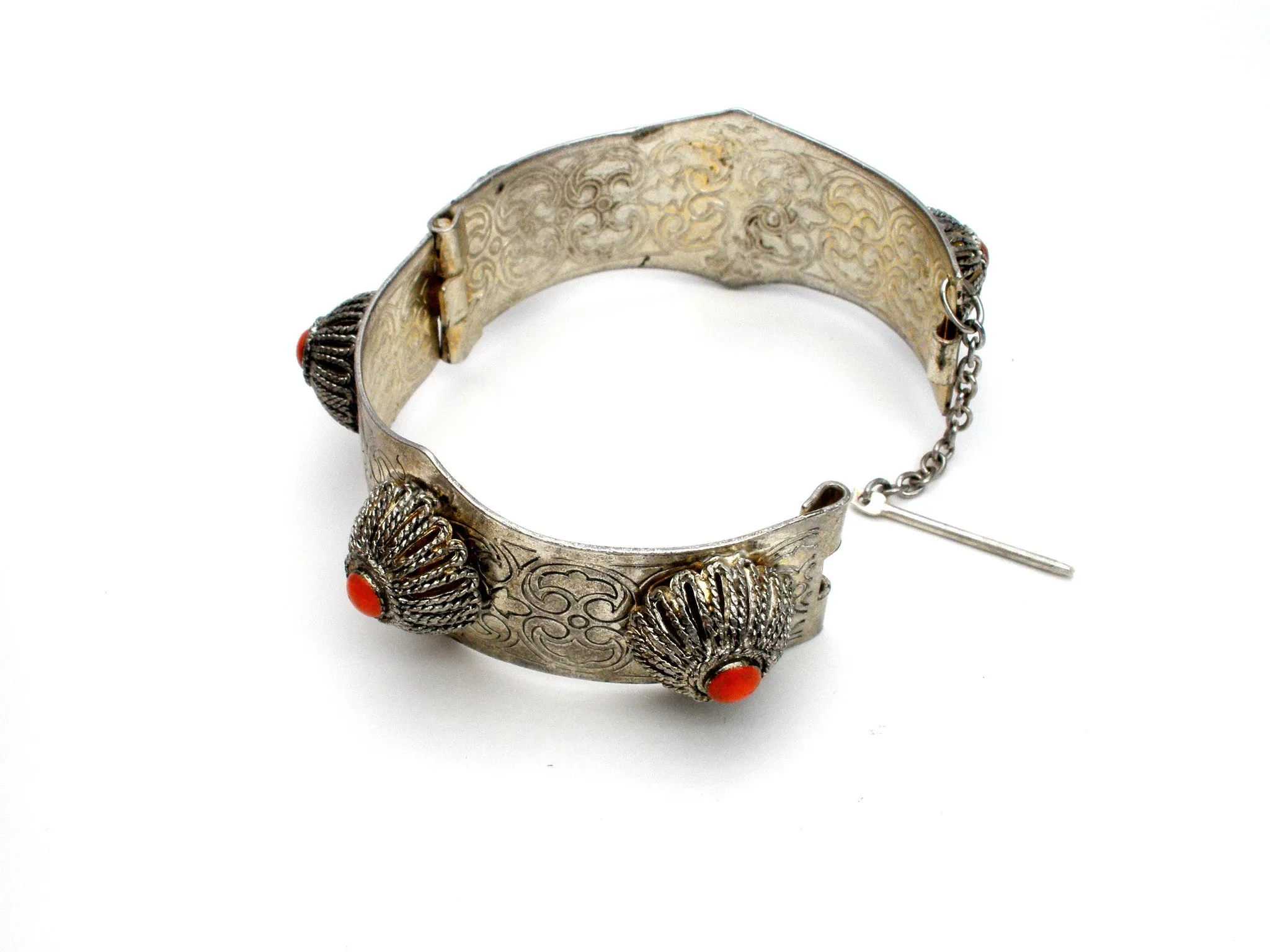 Vintage Tibetan Bangle Bracelet with Red Stone