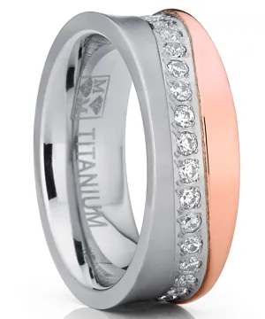 Women's Rose Gold Tone Duo Titanium Wedding Band Engagement Ring Cubic Zirconia