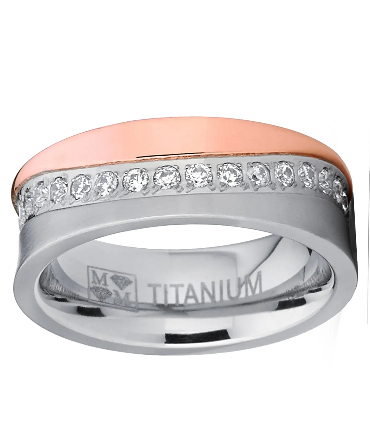 Women's Rose Gold Tone Duo Titanium Wedding Band Engagement Ring Cubic Zirconia