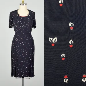 XL 1950s Dress Novelty Flower Print Navy Casual Summer Dress